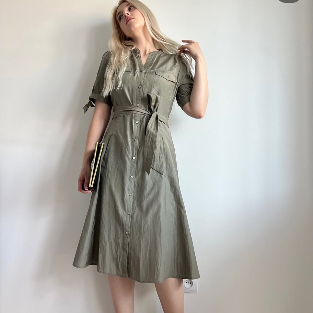 Olive Green Silk Button-Up Midi Dress